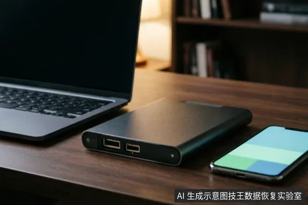 木质桌面上放置着一台笔记本电脑、一个带有接口的黑色移动硬盘盒以及一部屏幕亮起的智能手机，展示了典型的数据存储与设备连接场景。