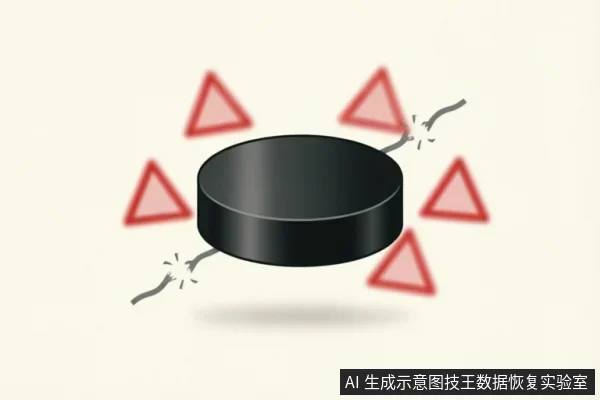 一个黑色圆柱形硬盘盘体悬浮,周围环绕红色三角形警告标志,两侧连接的数据线在接口处断裂并伴有火花。