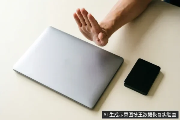 一只手掌在闭合的笔记本电脑旁做出停止手势,旁边桌面上放置着一个黑色的移动硬盘。画面直观传达出在存储设备出现异常时,应立即停止通电操作、禁止进一步写入或尝试修复的含义。