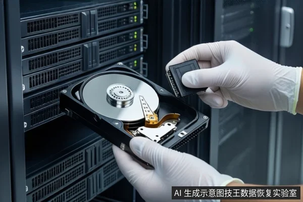 数据中心机房内,背景是黑色的服务器机柜。一双戴白色手套的手正握持一块打开外壳的机械硬盘,可见金属盘片与磁头组件,另一只手拿着一个黑色小配件。