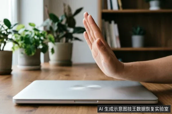 一只手掌在闭合的银色笔记本电脑前做出明确的“停止”手势,示意暂停操作。背景为带有绿植和书架的居家办公环境,强调在面对数据故障时保持克制、避免盲目写入或破坏性操作的保护性原则。