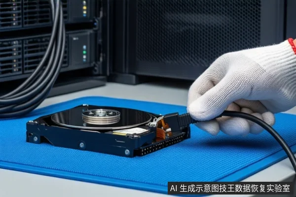 蓝色防静电垫上平放一块打开外壳的机械硬盘，右侧一只戴白色手套的手正握持黑色线缆插头，将其插入硬盘接口。背景为模糊的服务器机柜。