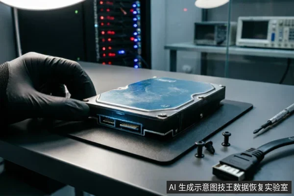 戴黑色防静电手套的手正在操作放置于防静电垫上的机械硬盘，旁边散落着螺丝与SATA数据线，背景为带有指示灯的服务器机柜及测试仪器。