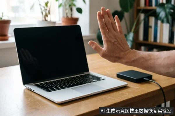 木质桌面上放置着一台银色笔记本电脑,屏幕处于黑屏关闭状态。电脑右侧连接着一个黑色的外接移动硬盘盒。画面右侧伸出一只成年人的手,手掌张开对着电脑做出拒绝或停止的手势,示意不要进行写入或操作。