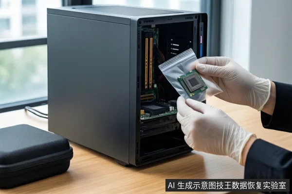 木质桌面上放置一台侧板打开的黑色台式主机,内部可见主板和内存。右侧一双戴白色手套的手正握持一块裸露的芯片(CPU)和透明自封袋,悬停在机箱上方。左侧桌面上平放一个闭合的黑色防震箱,背景是模糊的窗户。