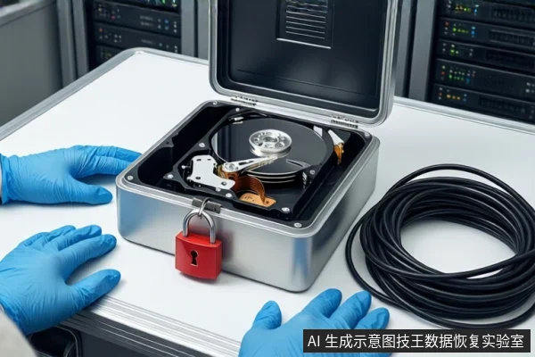 白色防静电工作台上,中间为打开的银色金属防震箱,箱内平放一块可见盘片和主轴的机械硬盘,箱前挂有红色挂锁。左侧一双戴蓝色手套的手平放在桌面上,右侧盘绕着一根黑色线缆,背景可见服务器机柜。