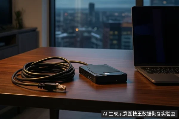 木质桌面上，左侧盘绕着一根黑色网线，中间平放一块黑色移动硬盘，右侧是一台打开的笔记本电脑，背景为模糊的城市夜景。