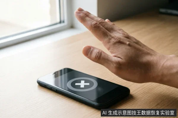 一只悬停在平放于木桌上的黑色智能手机上方的手,掌心向下做出停止或拒绝的手势。手机屏幕亮起,显示一个带有白色加号的圆形图标,象征系统报错或需要格式化提示。画面传达出立即停止操作、避免进一步写入以保护数据的紧迫意图。