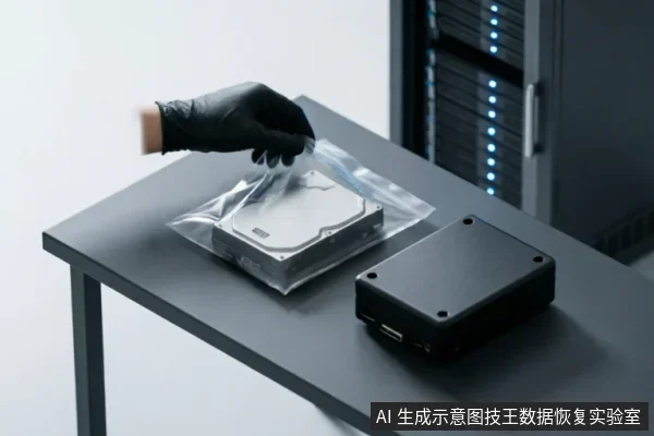 一只戴着黑色防静电手套的手正将一块机械硬盘放入透明密封袋中，旁边放置着一个黑色的USB移动硬盘盒。背景可见带有蓝色指示灯的服务器机柜，展示了专业数据恢复环境下的硬件处理与隔离场景。