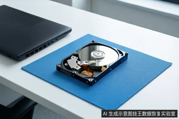 白色桌面上铺着蓝色防静电垫,垫子上平放一块打开外壳的机械硬盘,可见金属盘片与磁头组件。左侧有一台闭合的黑色笔记本电脑,画面中没有人员操作。