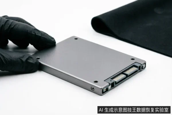 戴着黑色防静电手套的手正拿持一块银灰色SATA接口固态硬盘，背景为白色桌面及黑色垫布。画面展示了数据恢复或硬件检测中规范接触存储介质的场景，强调对原始设备的谨慎处理与防护。