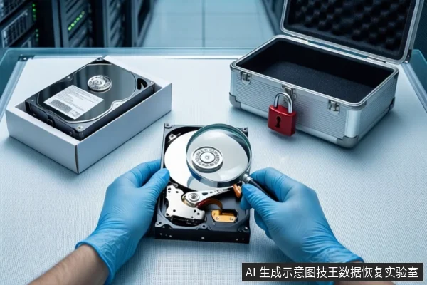 白色防静电工作台上，戴蓝色手套的双手正持握放大镜观察一块打开外壳的机械硬盘，左侧白色盒子上放着一块闭合的机械硬盘，右侧为挂有红色挂锁的银色金属防震箱，背景可见服务器机柜。