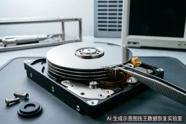 特写展示一台已拆解的机械硬盘内部结构,金属磁盘与磁头组件清晰可见。一把镊子正夹持并操作硬盘内部的柔性排线或电路连接点,旁边散落着拆下的螺丝和黑色垫圈。背景模糊显示有显示器等维修设备,呈现专业的硬件检测与物理修复场景。