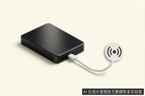 一个黑色移动硬盘通过白色USB数据线连接着一个圆形的NFC标签或感应器,展示了外部连接链的物理结构。