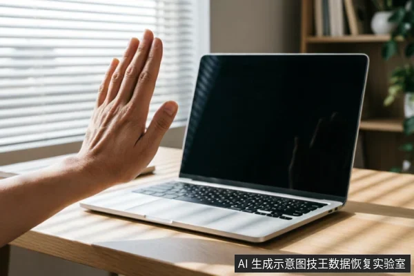 一只手掌在笔记本电脑屏幕前做出明显的停止手势,阳光透过百叶窗洒在木质桌面和银色笔记本上。画面传达出拒绝操作、立即断电或停止尝试的警示意味,契合文中强调的“立即停止一切通电尝试”的核心原则。