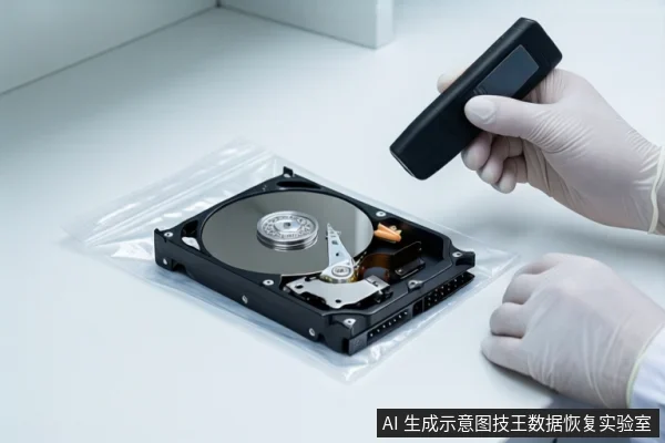 白色台面上，一双戴白色手套的手正握持一个黑色长条形设备，将其悬停在一个透明自封袋上方。袋内平放着一块打开外壳的机械硬盘，可见金属盘片与磁头组件。