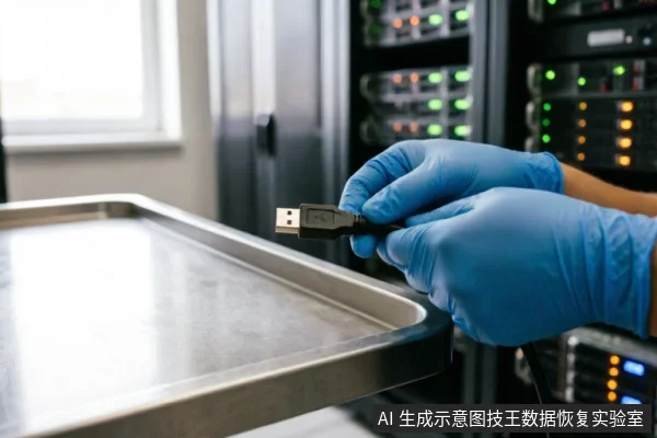画面展示了一双戴着蓝色防静电手套的手,正捏着一根黑色USB数据线的接口端。背景是模糊的服务器机柜,亮着绿色和橙色的状态指示灯,前景为金属托盘边缘。场景呈现出专业数据恢复实验室或硬件检测环境,暗示正在进行外部连接链排查或设备接入操作。