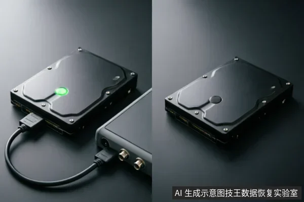 图中展示了一块黑色机械硬盘通过数据线连接至外部设备,硬盘上的绿色指示灯亮起,表明设备处于通电工作状态。右侧展示了该硬盘未连接时的独立状态,用于辅助说明硬件检测与连接排查的场景。