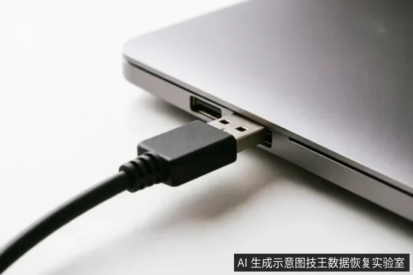 特写镜头展示一根黑色USB数据线已稳固插入银色笔记本电脑的侧面接口中,背景简洁干净,清晰呈现了外部连接链的物理状态。