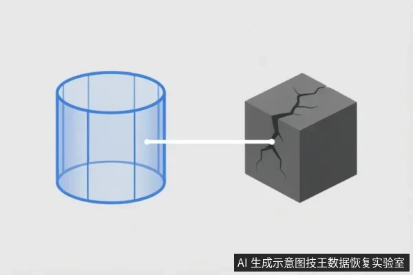 画面左侧为一个蓝色线框圆柱体,右侧为一个表面带有裂纹的深灰色立方体,中间由一条白色直线连接。该图通过几何图形对比,示意了逻辑数据容器与物理受损介质之间的关联或映射关系。