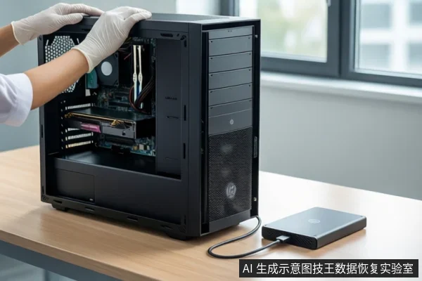 木质桌面上放置一台侧板打开的黑色台式主机，内部可见主板和硬盘位。左侧一双戴白色手套的手正扶在机箱顶部。右侧桌面上放着一个黑色移动硬盘，通过线缆连接至主机。背景为模糊的窗户。