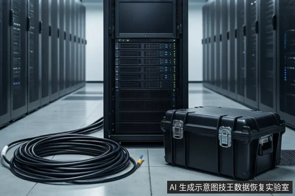数据中心机房内,深色台面上立着一台黑色服务器机柜,左侧盘绕着一卷黑色线缆。右侧平放一个闭合的黑色加固防震箱。背景是模糊的服务器机柜,画面中没有人员操作。
