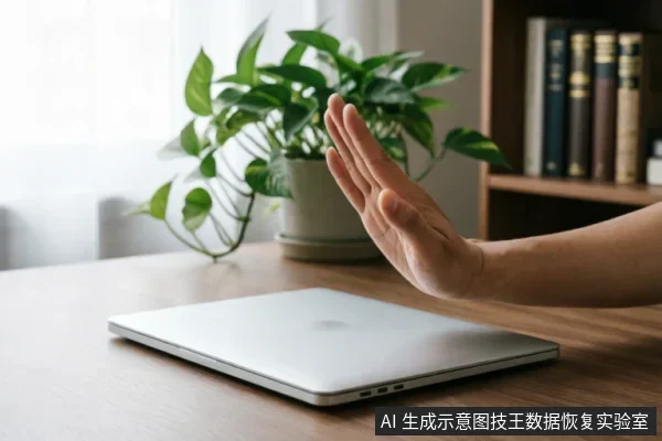 一只手掌在闭合的银色笔记本电脑前做出明显的停止手势，示意拒绝操作。背景为木质桌面、绿色盆栽及书架，环境安静整洁，传达出立即停止使用设备并避免进一步干预的警示含义。