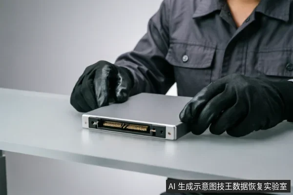 一名身穿灰色工装、佩戴黑色防静电手套的技术人员，双手正托举一块银色金属外壳的存储设备。设备侧面清晰可见宽大的数据接口及内部金色针脚，置于白色工作台上，展示了数据恢复检测环境下的硬件状态确认场景。
