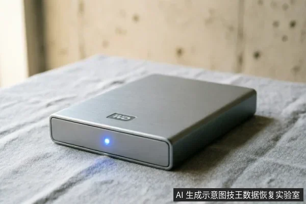 一张银灰色WD品牌移动硬盘放置在灰色纹理布面上的特写照片。硬盘正面左下角亮着一颗蓝色指示灯,显示设备处于通电或工作状态。背景为模糊的浅色木纹墙面,画面清晰展示了设备外观及指示灯细节。