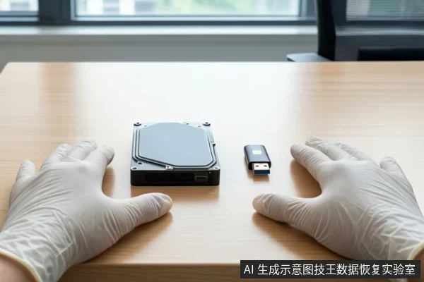 木质桌面上平放一块黑色机械硬盘和一个黑色U盘，左右两侧各有一只戴白色手套的手平放在桌面上，背景是模糊的窗户。