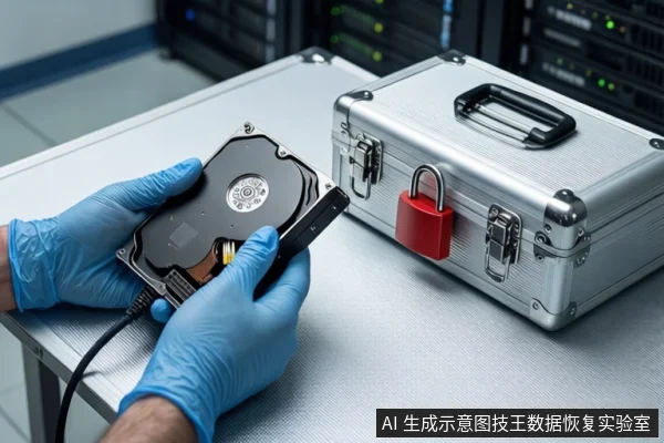 白色防静电工作台上,戴蓝色手套的双手正持握一块打开外壳的机械硬盘,另一只手拿着黑色工具靠近硬盘接口,右侧为挂有红色挂锁的银色金属防震箱,背景可见服务器机柜。