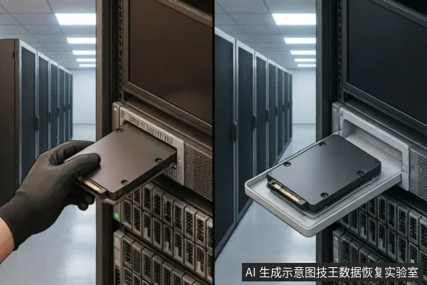 画面展示了数据中心服务器机房环境。左侧为戴黑色手套的手正将一块3.5英寸机械硬盘插入机架式服务器的热插拔托架中；右侧特写展示了硬盘稳固放置在拉出的金属托盘上，背景可见排列整齐的服务器机柜。