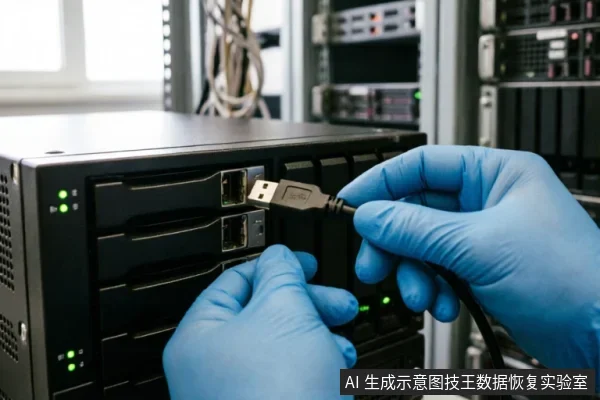 戴着蓝色防护手套的技术人员正在将USB数据线插入黑色服务器或存储设备的接口,背景可见机架上的其他硬件及亮起的绿色状态指示灯。