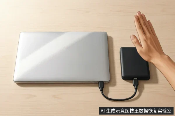 银色笔记本电脑通过黑色数据线连接外部移动硬盘,一只手悬停在移动硬盘上方,示意准备进行插拔或物理隔离操作。