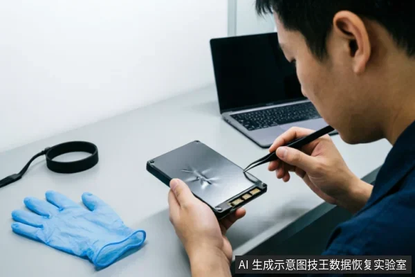 一名技术人员在洁净工作台前,手持镊子精细操作一块表面有严重物理损伤的机械硬盘。桌上备有蓝色防静电手套和笔记本电脑,展示了专业数据恢复机构对受损介质进行拆解评估的场景。