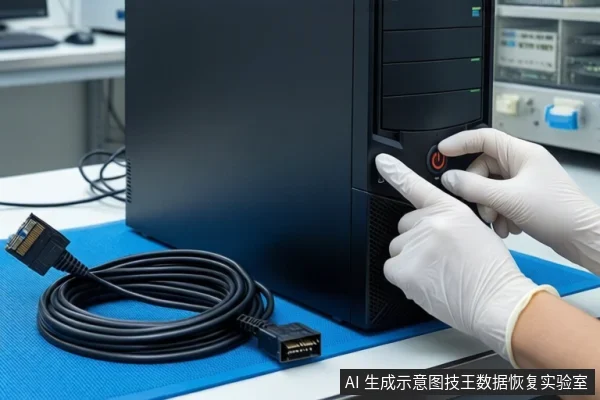 蓝色防静电垫上放置一台黑色立式主机，旁边有一卷黑色线缆。一双戴白色手套的手正在按压主机正面的红色电源按钮。
