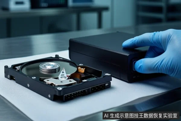 白色防静电垫上平放一块打开外壳的机械硬盘,右侧黑色外接硬盘盒旁,一只戴蓝色手套的手正按压其正面按钮,背景为模糊的实验室环境。