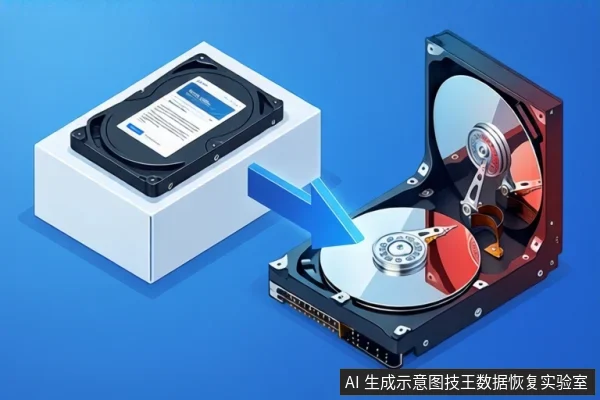 蓝色背景上,左侧白色盒子上放着一块闭合的机械硬盘,右侧是一块打开外壳的机械硬盘,可见盘片、主轴和磁头臂,中间有蓝色箭头从左侧指向右侧。