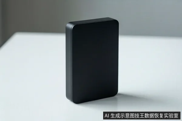 白色桌面上竖立一个黑色矩形移动硬盘,背景为浅灰色墙面,右下角有固定标识。