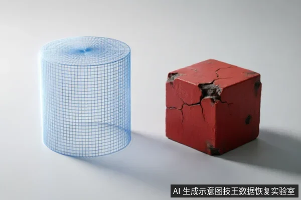 画面左侧为一个蓝色的线框圆柱体，右侧是一个表面布满裂纹、露出内部灰色材质的红色立方体。两者并排置于白色背景上，通过几何形态的对比展示抽象概念，无任何文字或硬件细节。