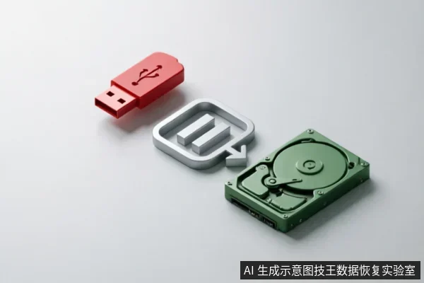 画面展示了数据恢复的概念流程:左侧为红色USB闪存盘,中间是带有向右箭头的银色方框图标,右侧为绿色机械硬盘。三者呈对角线排列,示意数据从外部存储介质经传输流向内部存储设备的逻辑过程。