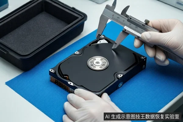 蓝色防静电垫上平放一块打开外壳的机械硬盘，可见盘片与主轴电机。右侧一双戴白色手套的手正握持一把银色游标卡尺，将其测量爪悬停在硬盘上方。左侧放置一个打开的黑色防震箱，背景为白色桌面。