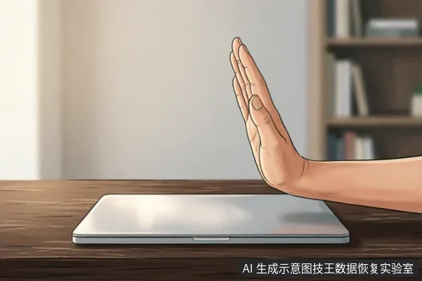画面展示了一只手在闭合的笔记本电脑前做出明确的“停止”手势,手掌竖起挡在设备前方。背景为模糊的书架和木质桌面,通过肢体语言直观传达出禁止操作、暂停或切断连接的含义。