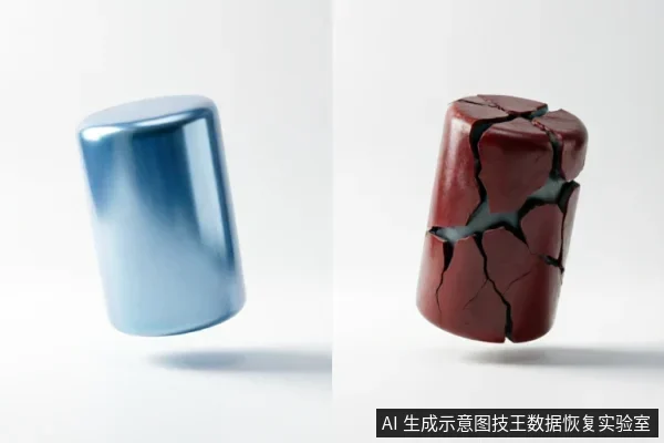 画面展示了两个悬浮的圆柱体对比:左侧为表面光滑完好的蓝色金属质感圆柱,象征正常备份状态;右侧为红褐色且布满深重裂痕的破损圆柱,象征受损介质。图片通过完好与破碎的视觉反差,直观示意数据备份保护与物理损坏恢复的区别。