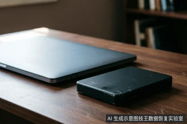 一张木质桌面上放置着一台闭合的银灰色笔记本电脑,旁边紧挨着一个黑色的长方形移动硬盘。硬盘表面有轻微的使用痕迹,背景模糊可见书架,展示了典型的外部存储设备连接场景。
