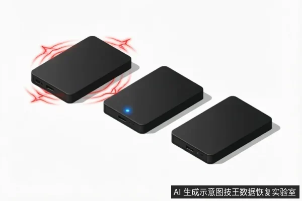 图中展示了三个黑色移动硬盘呈对角线排列。左侧硬盘周围环绕红色闪电状波纹,示意设备发出异常声响或处于严重故障状态;中间硬盘亮着蓝色指示灯,代表正在运行或连接中;右侧硬盘无灯光,表示完全无法识别或断电。