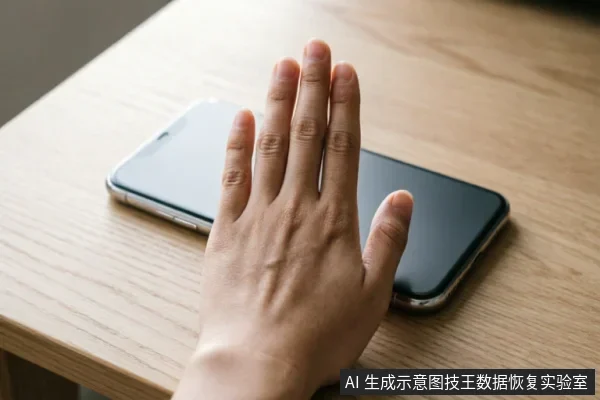 一只手掌平按在一部放置在浅色木纹桌面上的黑色智能手机屏幕上，手机处于息屏状态。画面通过遮挡动作示意停止操作或保护设备现状，未展示内部结构或连接检测仪器。