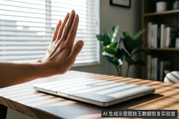 一只手掌在闭合的笔记本电脑前做出明显的“停止”手势,阳光透过百叶窗在木质桌面和机身上投下条纹光影,背景为书架与绿植。