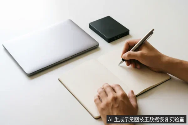 白色桌面上放置着一台闭合的银色笔记本电脑和一个黑色移动硬盘。画面右侧一双手正握笔在打开的空白笔记本上书写记录，模拟记录设备状态和操作日志的场景。