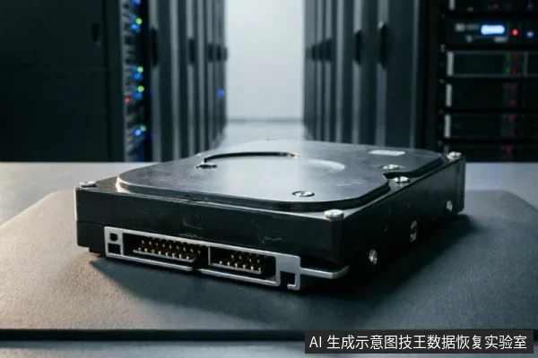 一张放置在深色桌面上的3.5英寸机械硬盘背面特写，清晰展示了SATA数据接口与电源接口。背景为虚化的服务器机柜，营造出专业数据中心或硬件检测环境的氛围。